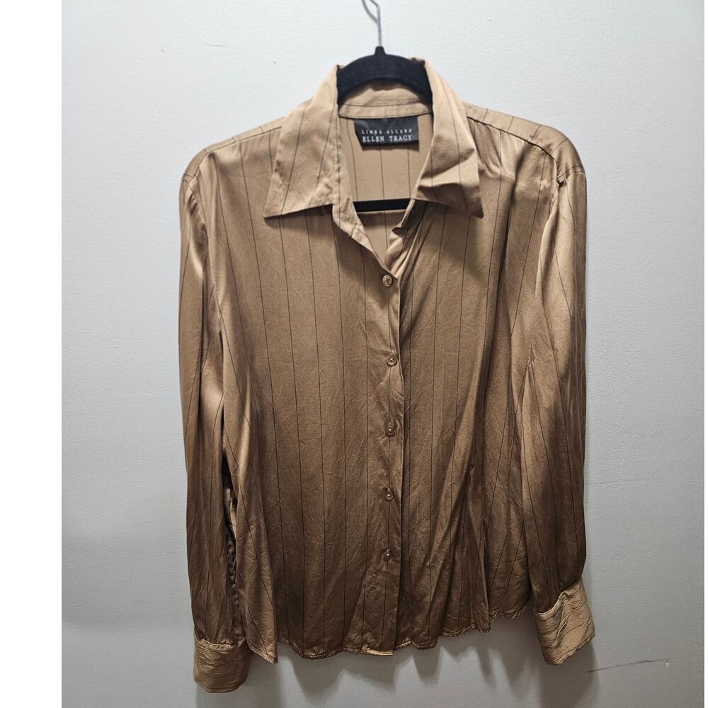 Vintage Linda Allard Ellen Tracy Silk Pinstripe Blouse 14 90s Executive